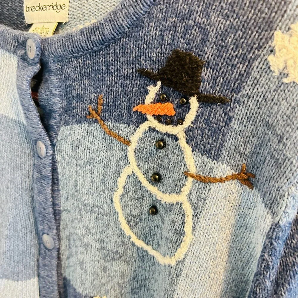 Breckenridge Snowman Cardigan Womens Size Large Vintage Blue Applique Sweater - Picture 3 of 11